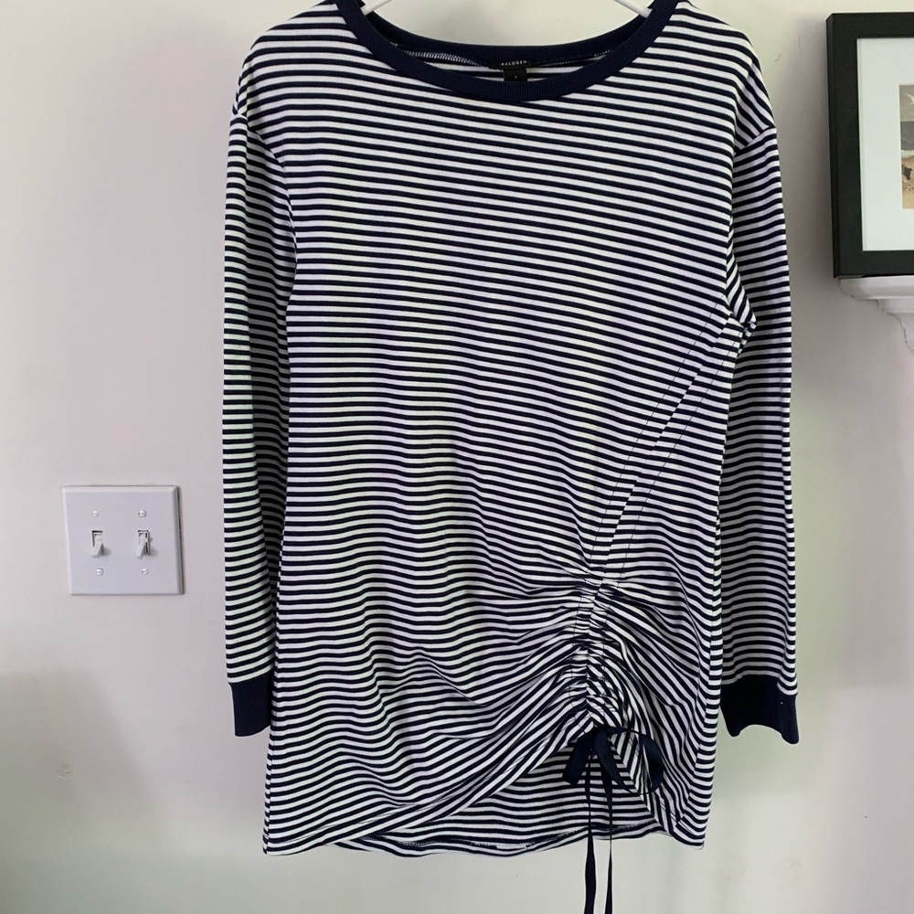 Halogen Striped Navy Blue and White. Dress or Top. Cinched Side Tie. Scoop. New